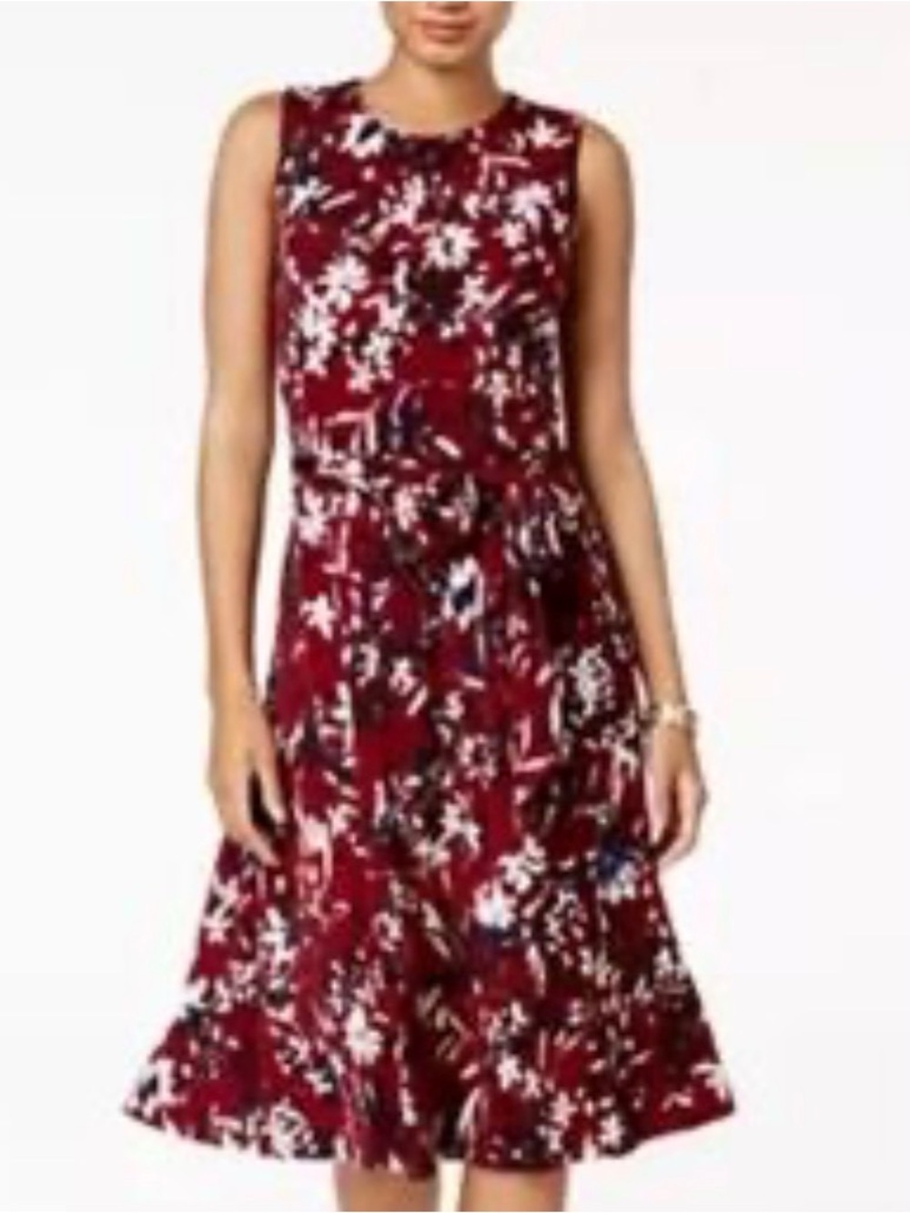 Charter Club Burgundy Floral Fit & Flare Midi Dress Tie Waist M